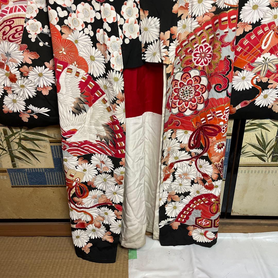OK1 振袖 黒地 花柄 扇子柄　昭和初期物　ビンテージ　リメイク向き