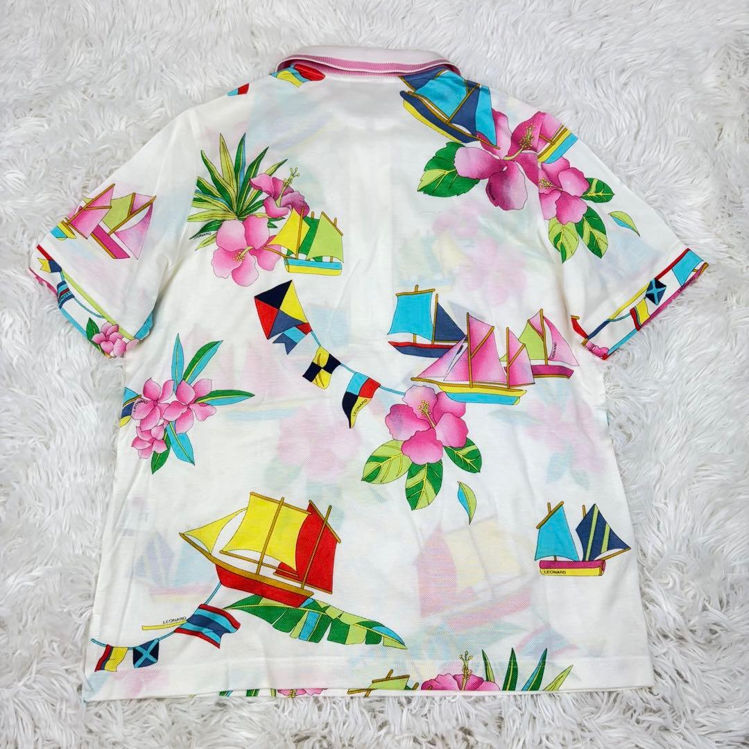 【新品タグ付き】レオナール　ポロシャツ　ジップアップ　花柄　大柄　白　Lサイズ