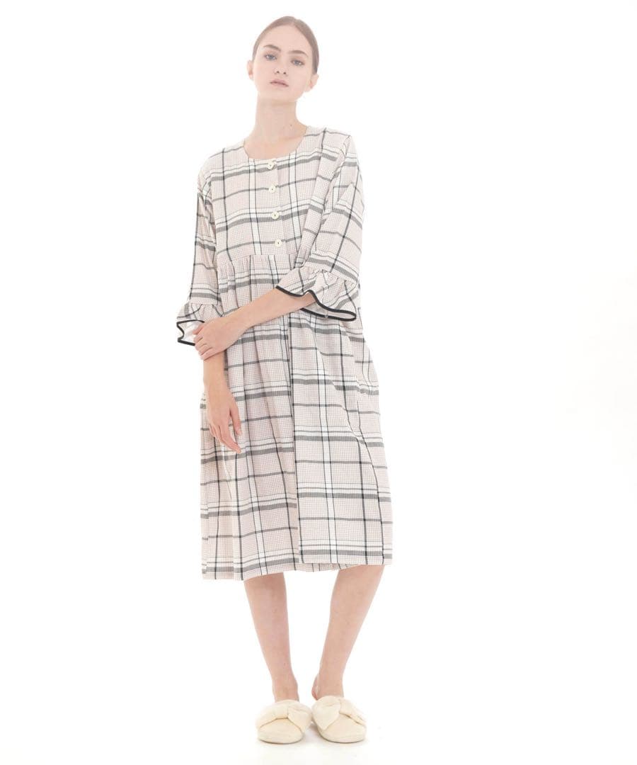 ナルエー ダブルガーゼチェックワンピース M-L ベージュ