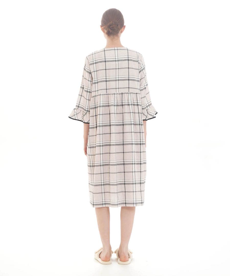 ナルエー ダブルガーゼチェックワンピース M-L ベージュ