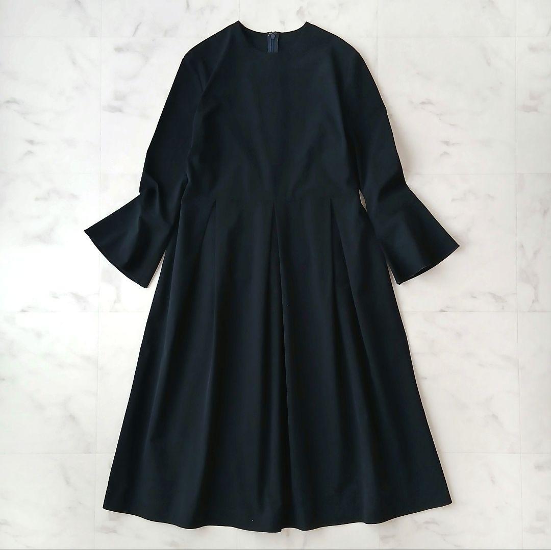 美品 ボールジィ 洗える ストレッチタフタ ボックスタックワンピース 34 濃紺