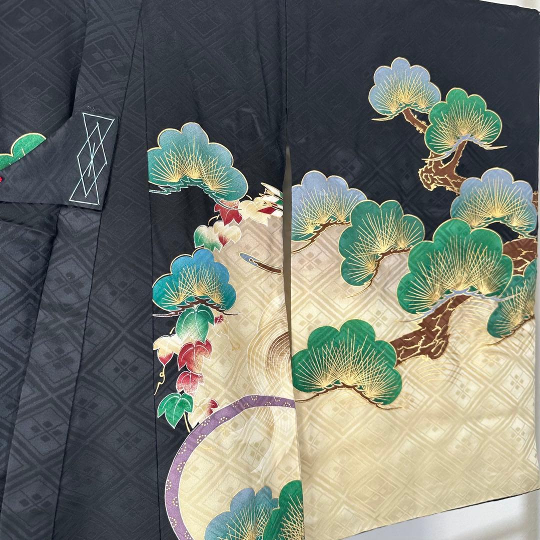 超美品　お宮参り 　正絹　産着　初着　現代　着物　男の子　男子　黒　馬　武士