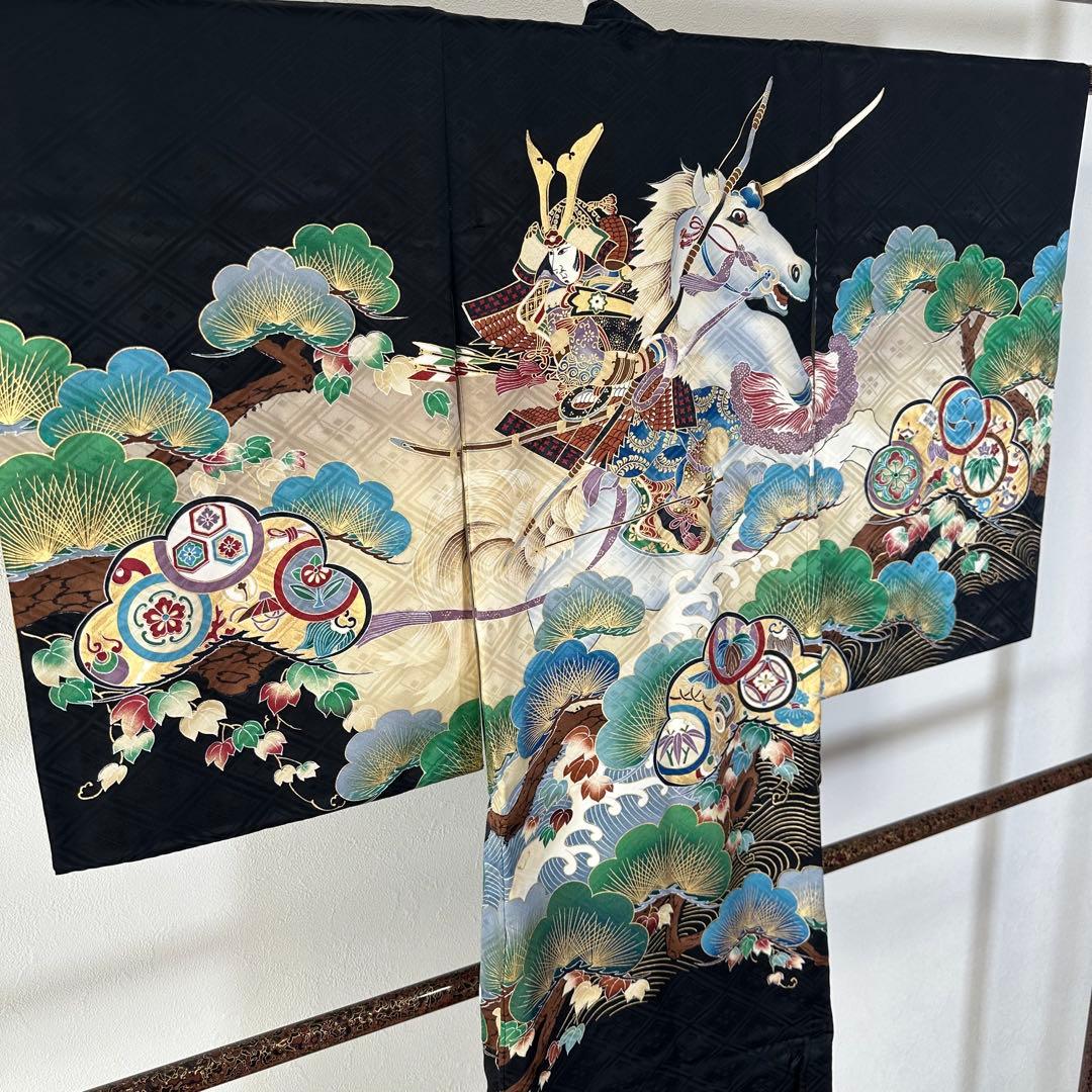 超美品　お宮参り 　正絹　産着　初着　現代　着物　男の子　男子　黒　馬　武士