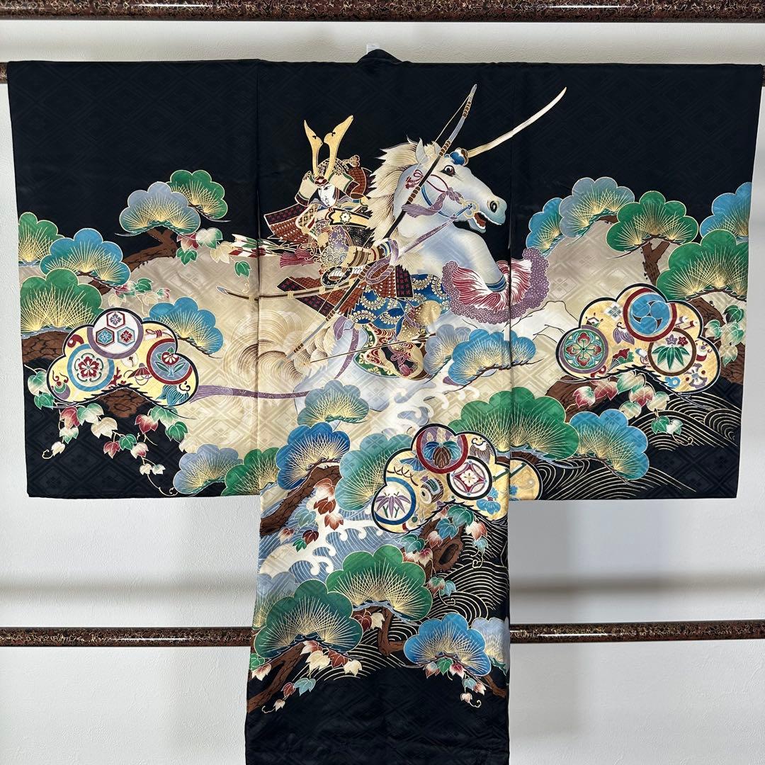 超美品　お宮参り 　正絹　産着　初着　現代　着物　男の子　男子　黒　馬　武士