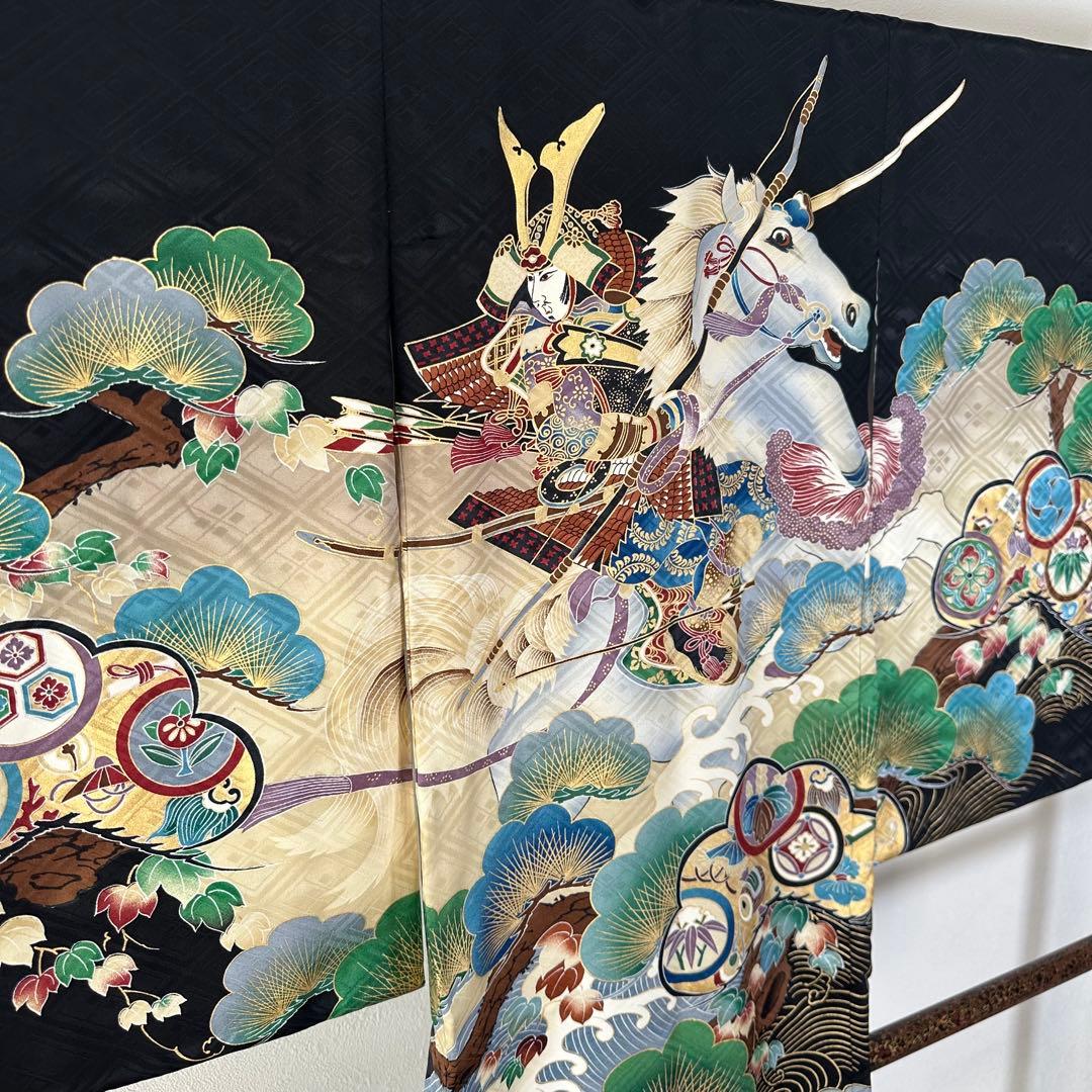 超美品　お宮参り 　正絹　産着　初着　現代　着物　男の子　男子　黒　馬　武士