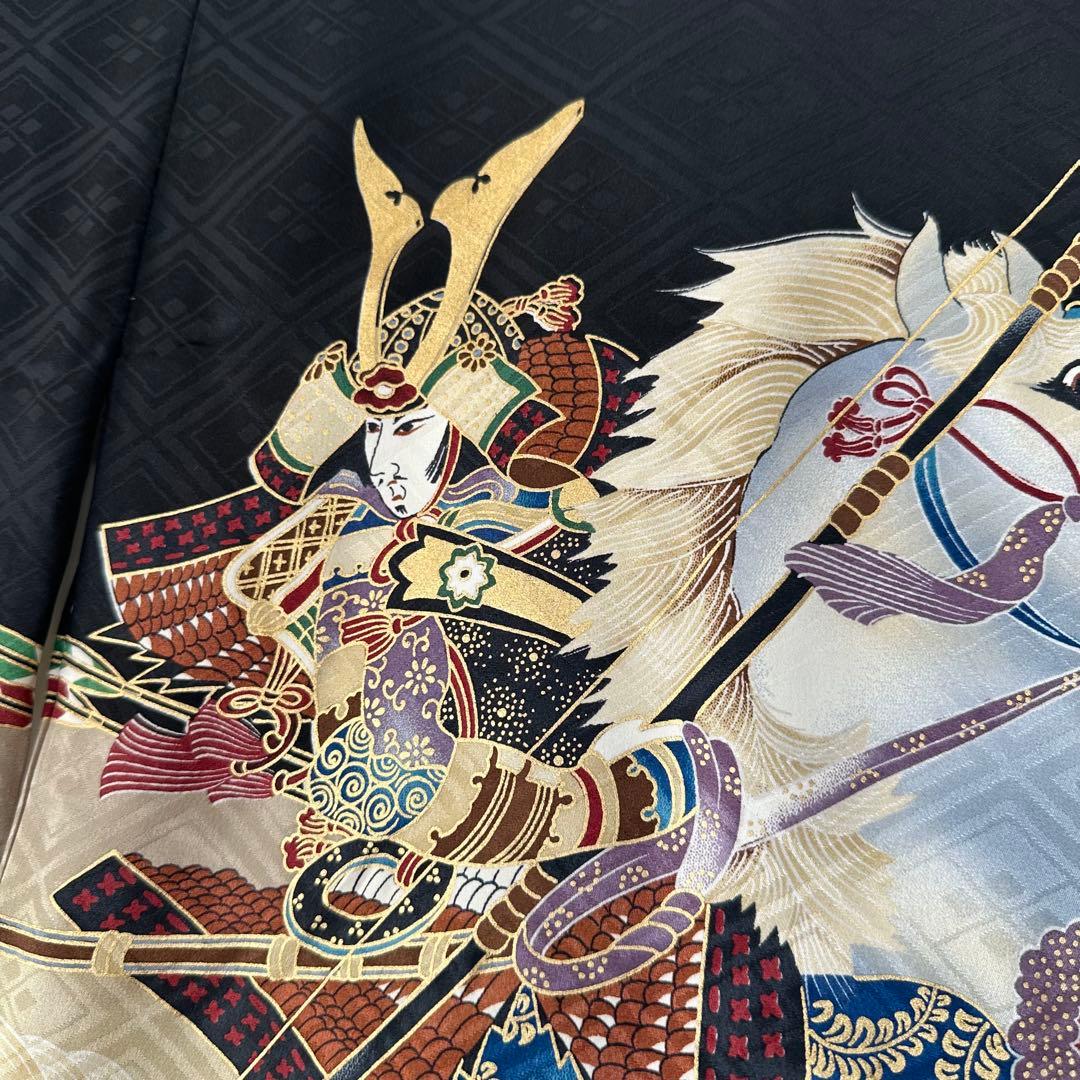 超美品　お宮参り 　正絹　産着　初着　現代　着物　男の子　男子　黒　馬　武士