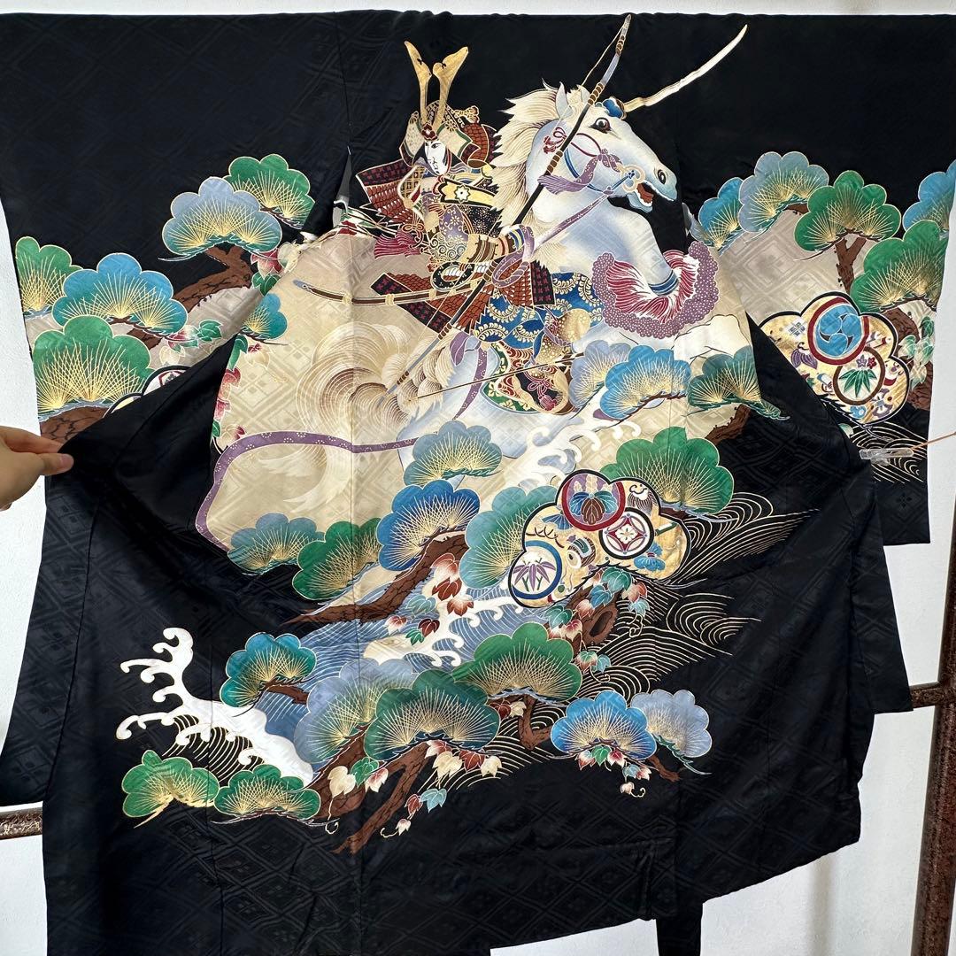 超美品　お宮参り 　正絹　産着　初着　現代　着物　男の子　男子　黒　馬　武士