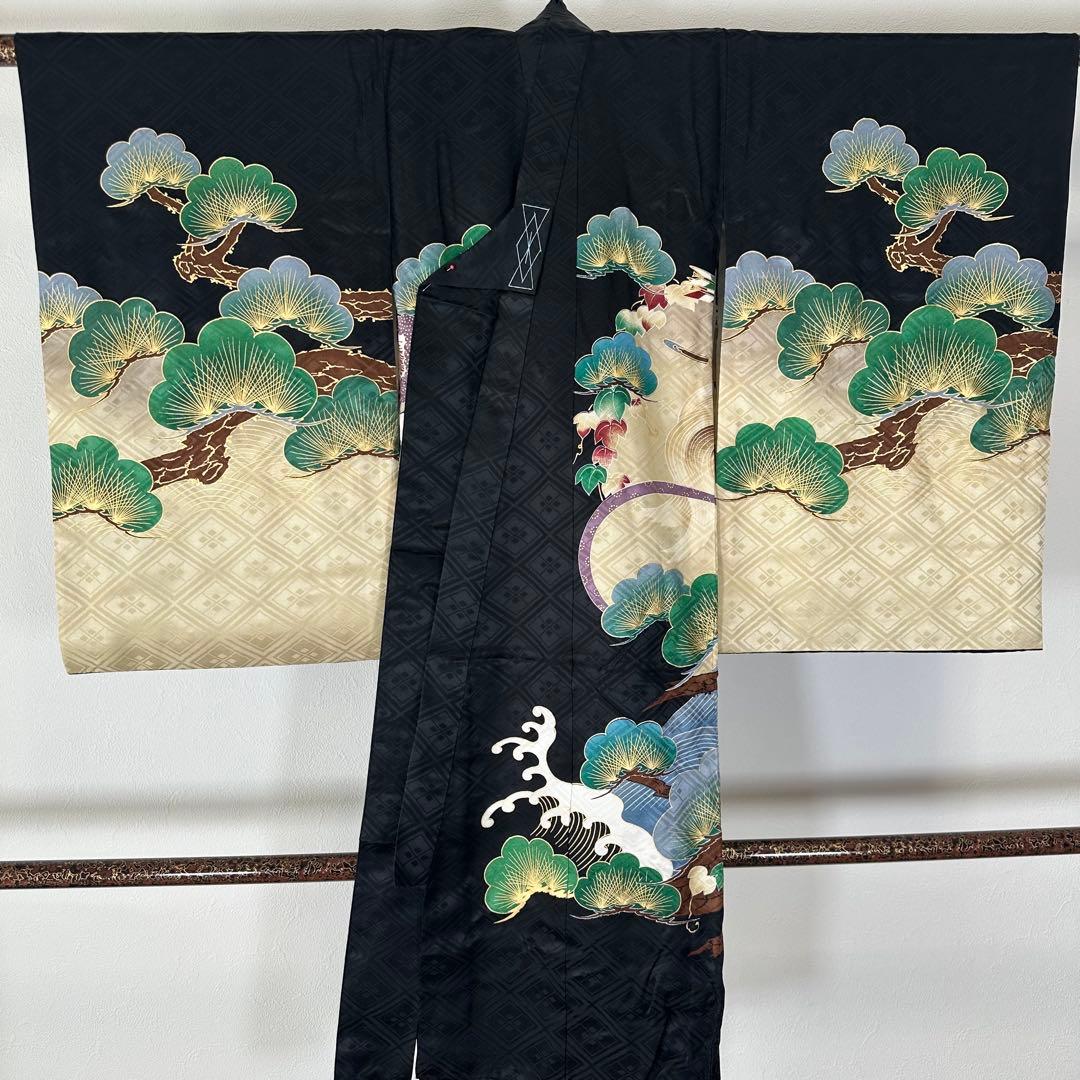 超美品　お宮参り 　正絹　産着　初着　現代　着物　男の子　男子　黒　馬　武士