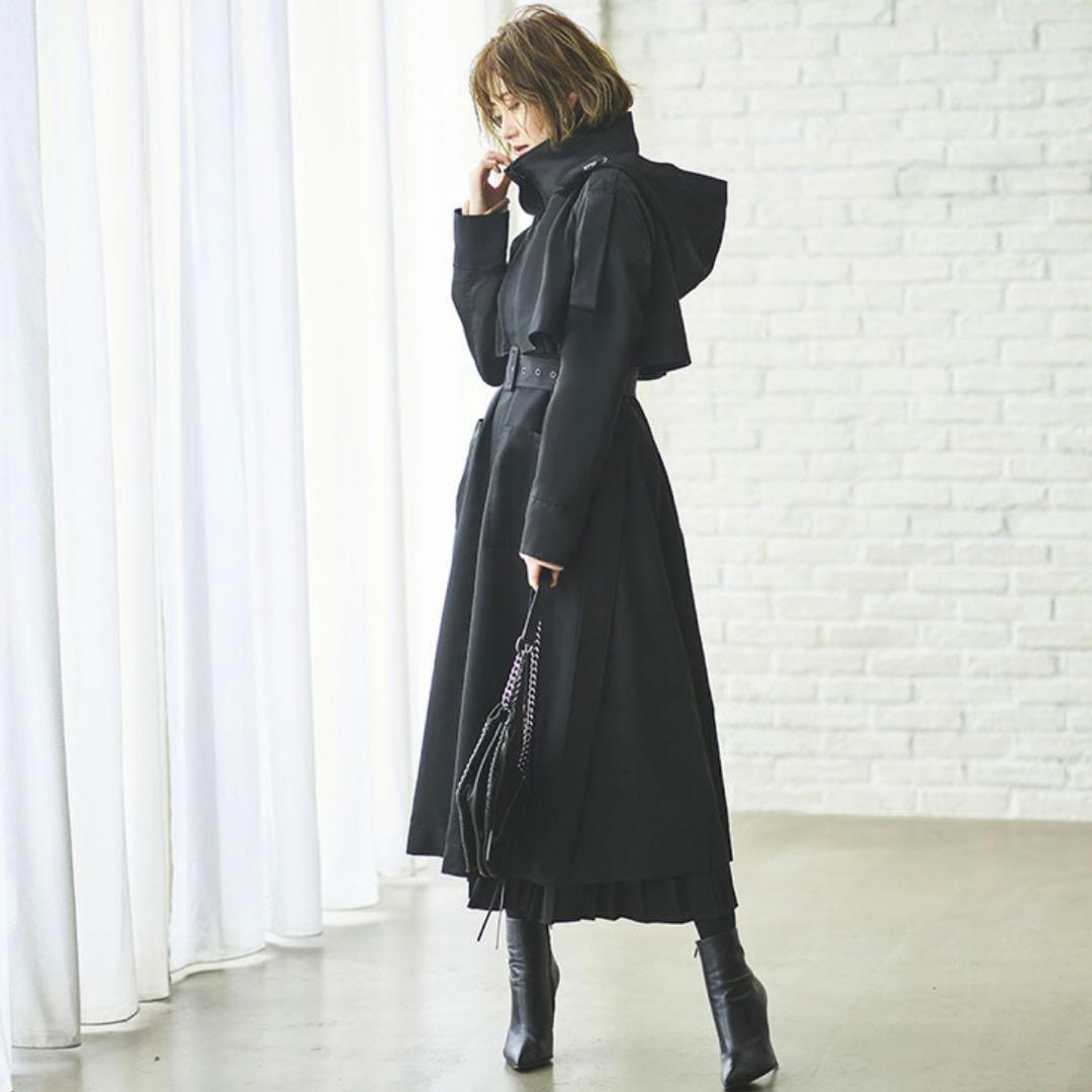 トレンチコート　ロングコート　フード付き　黒