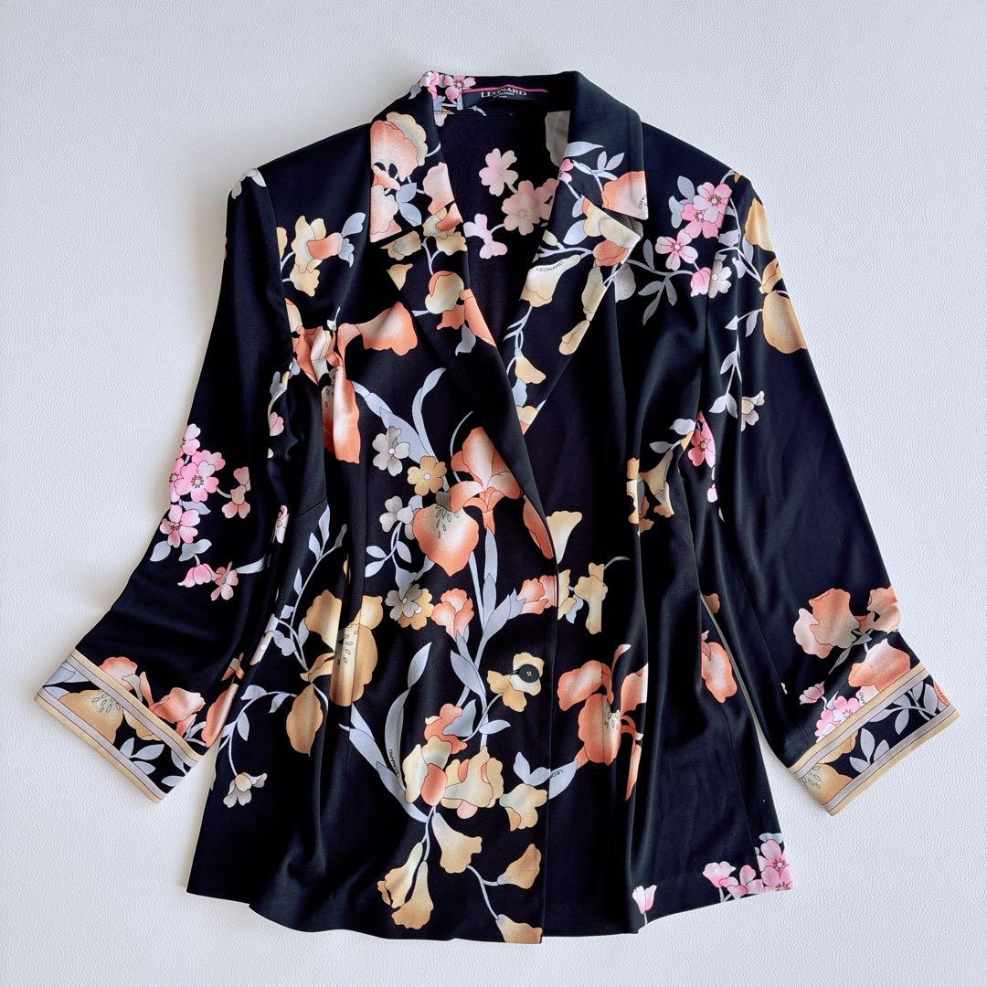 美品✨LEONARD レオナール ジャケット　トリム　花柄　総柄　黒