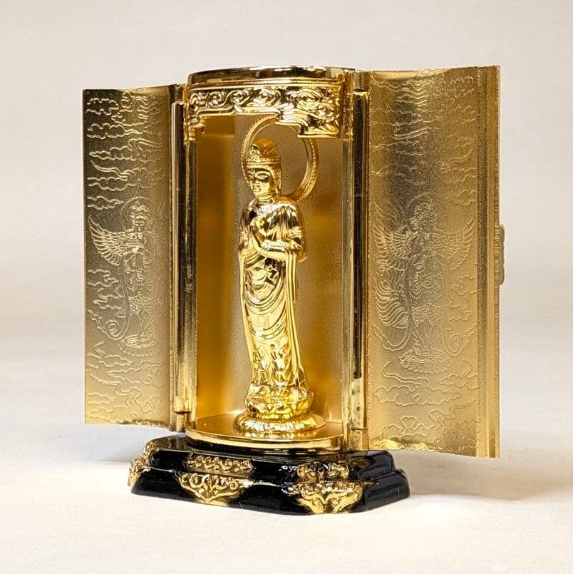 【さらに値下げ・新品】 厨子付き聖観音菩薩　合金製金メッキ　総高さ約9.5㎝