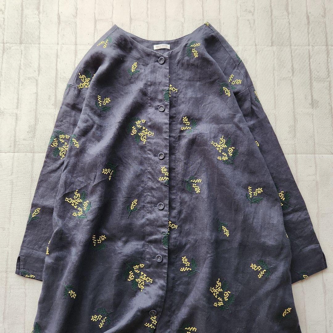 キャトルセゾン　ミモザ刺繍ワンピース　リネン　麻100%　ネイビー　羽織り