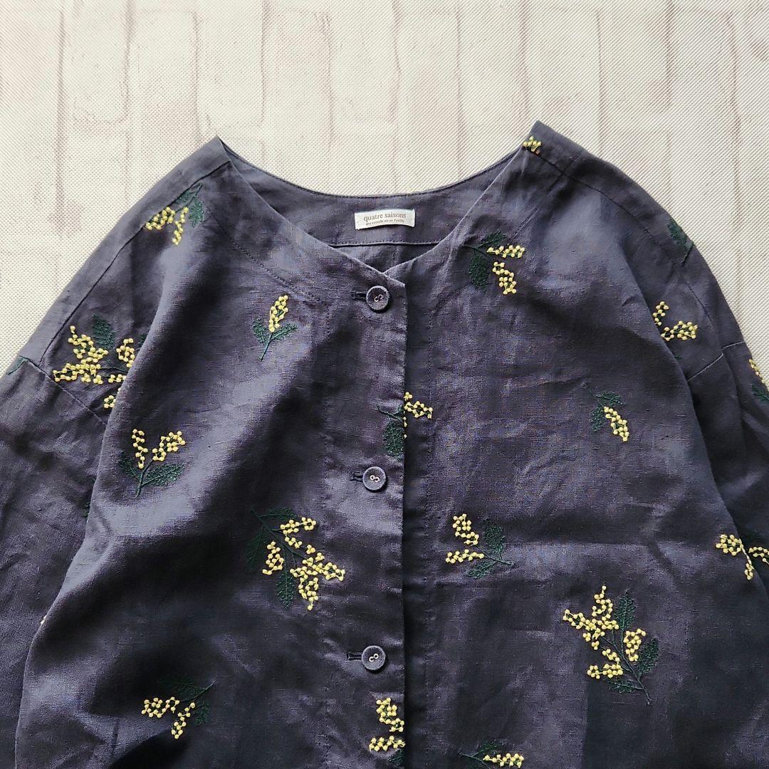 キャトルセゾン　ミモザ刺繍ワンピース　リネン　麻100%　ネイビー　羽織り