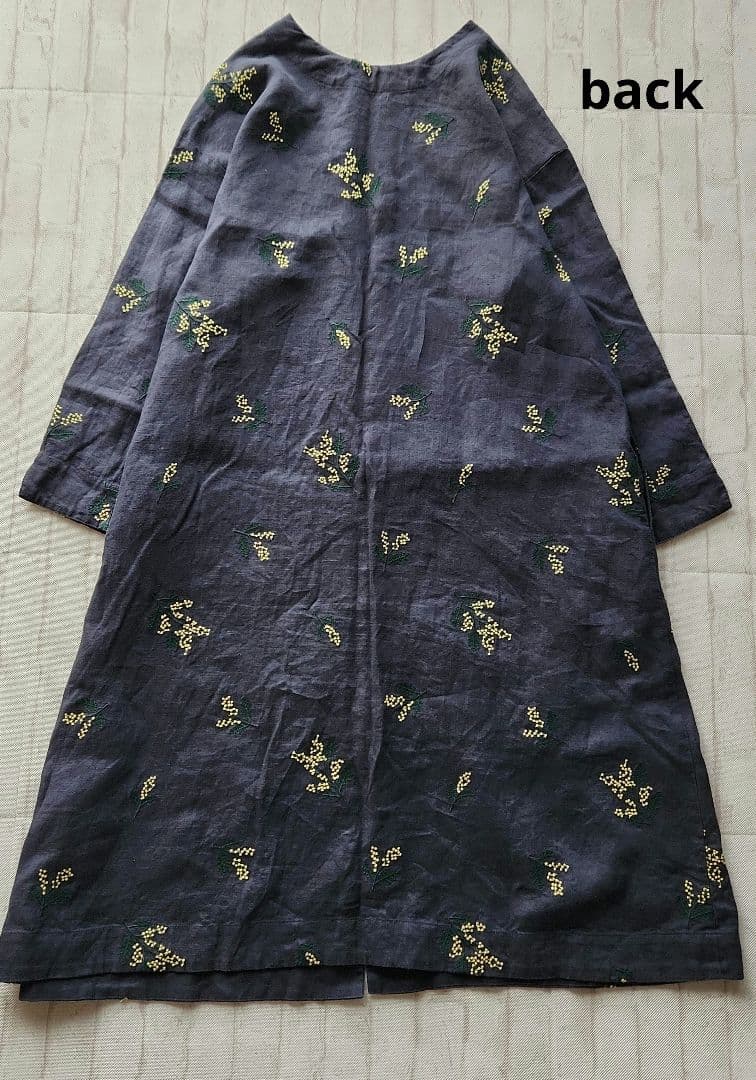 キャトルセゾン　ミモザ刺繍ワンピース　リネン　麻100%　ネイビー　羽織り