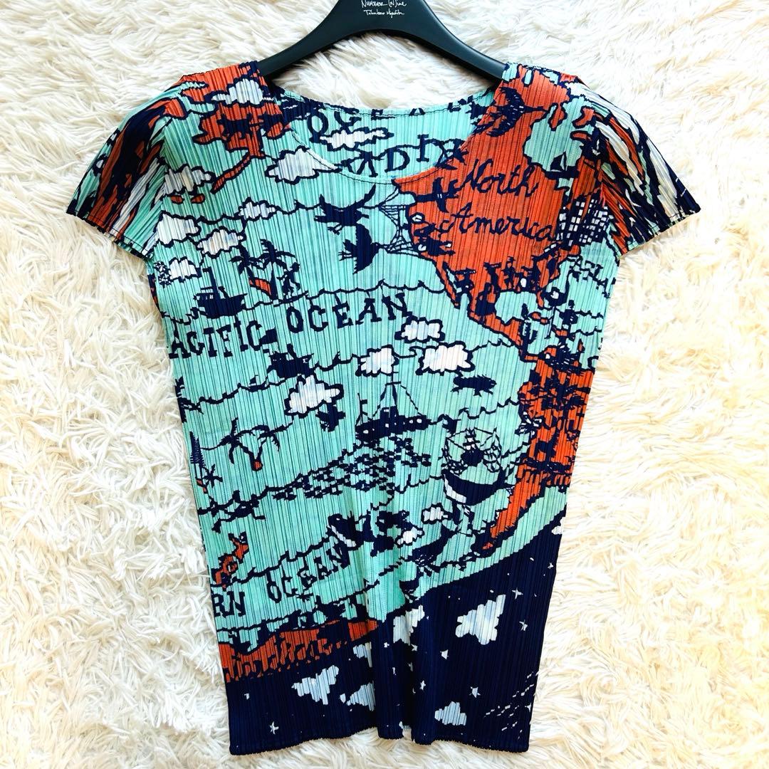 希少✨プリーツプリーズ 地図柄 半袖 Tシャツ カットソー イッセイミヤケ