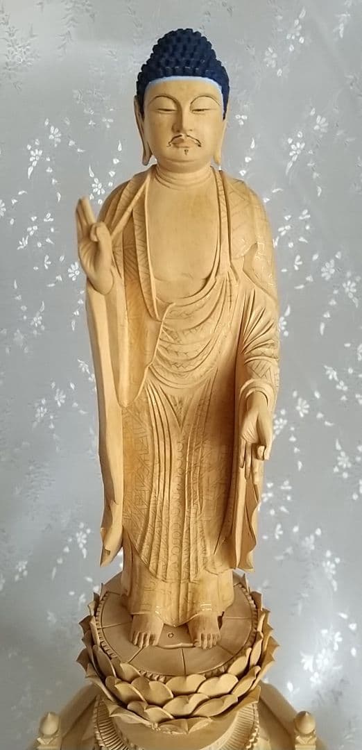 阿弥陀如来立像 6寸 六角台座 光背欠 #537 木彫 仏像