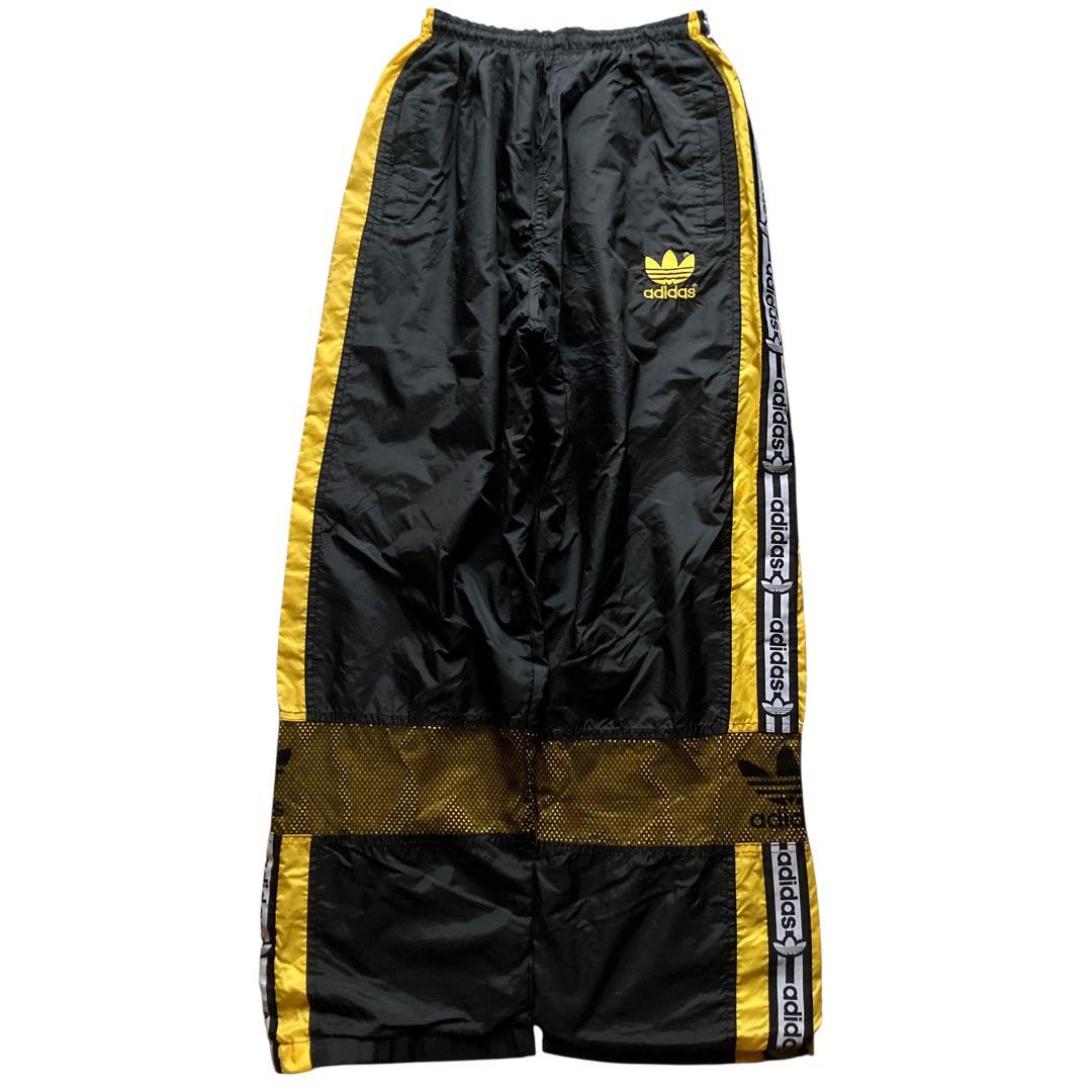 極太90s old adidas バギーナイロントラックパンツ ロゴテープ 黒