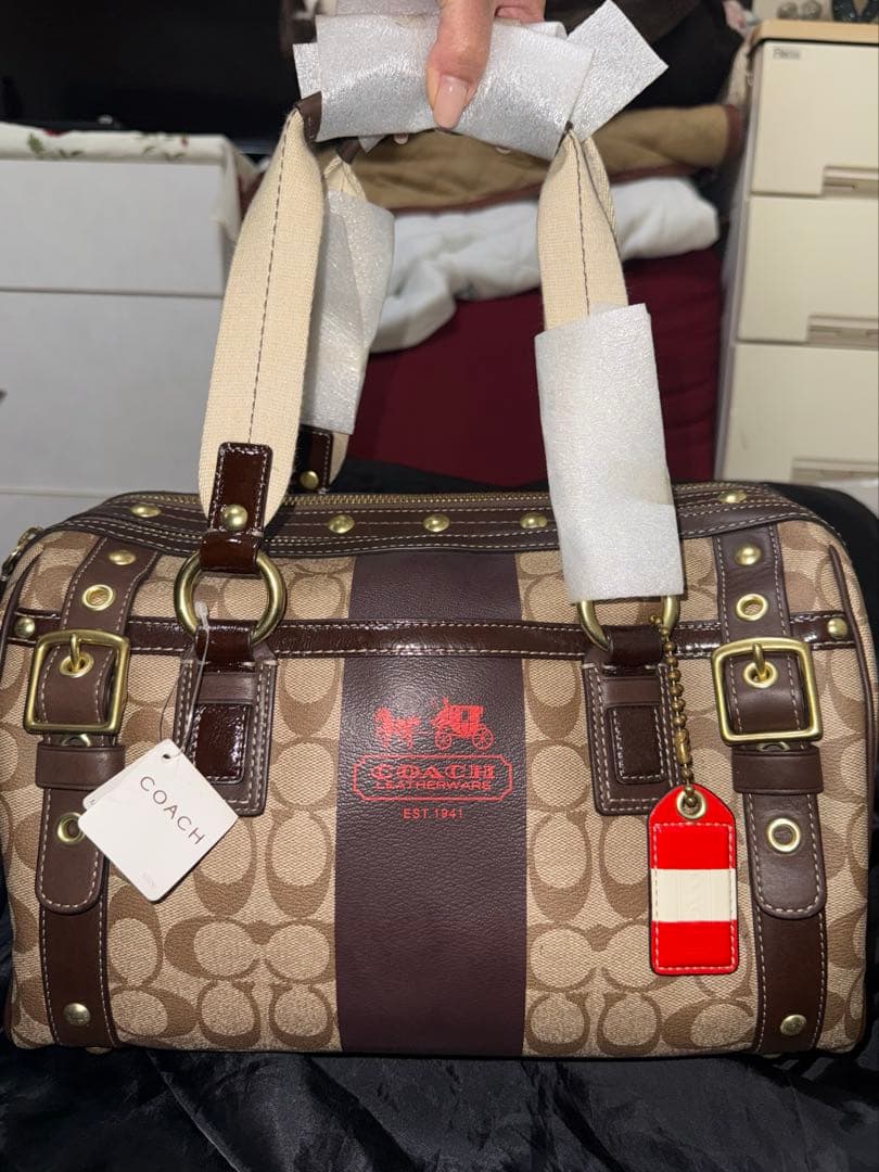 美品COACH ボストンバッグ Khaki/Dark Brown