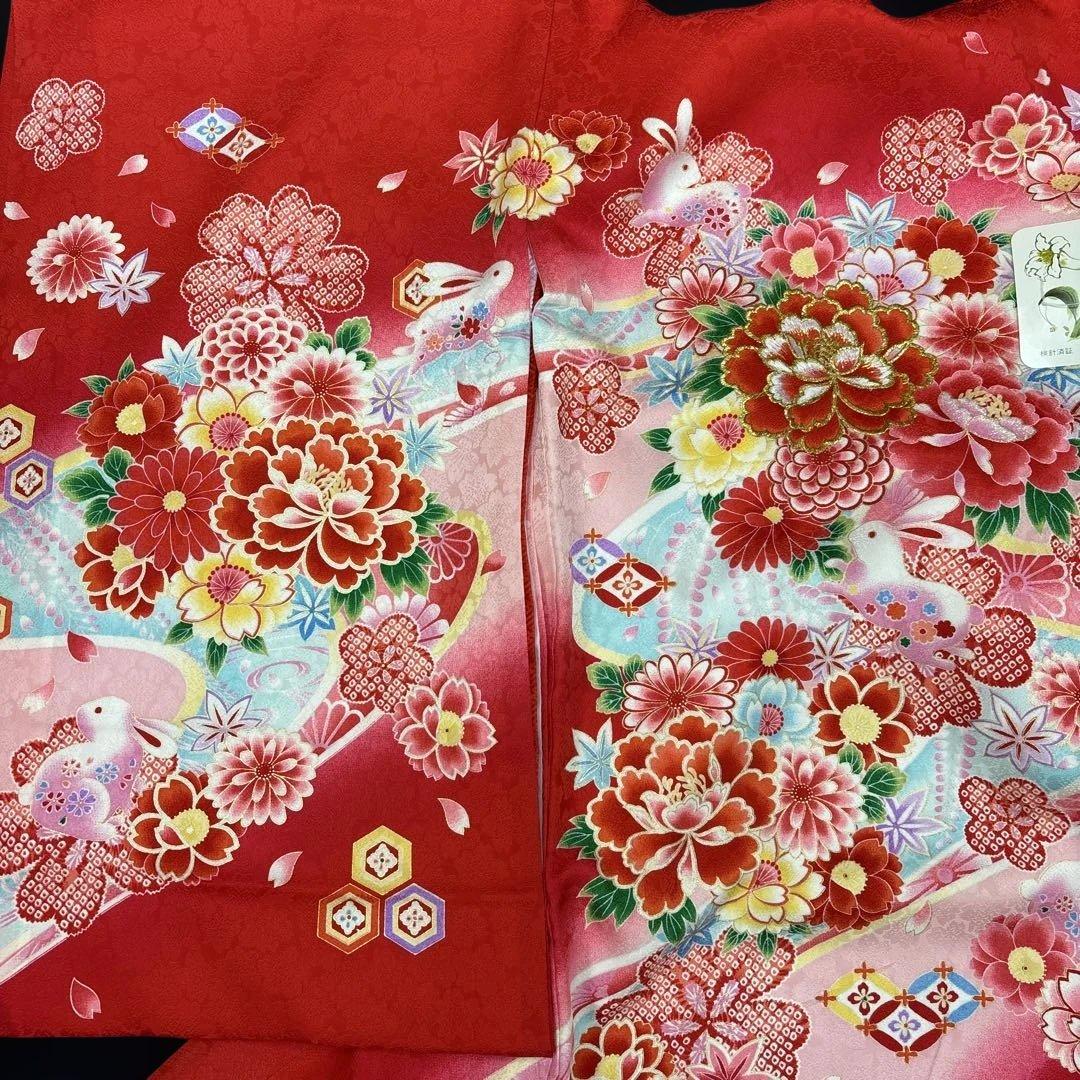 新品正絹産着（お祝着）最高級京友禅伝統多色染、豪華刺繍入古典四季花王朝華兎流水文