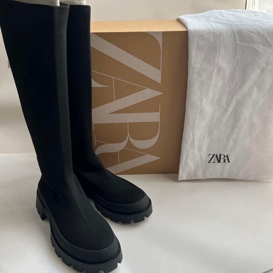 ZARA トラックソール 厚底ストレッチブーツ 38 黒　新品未使用品　タグ付き