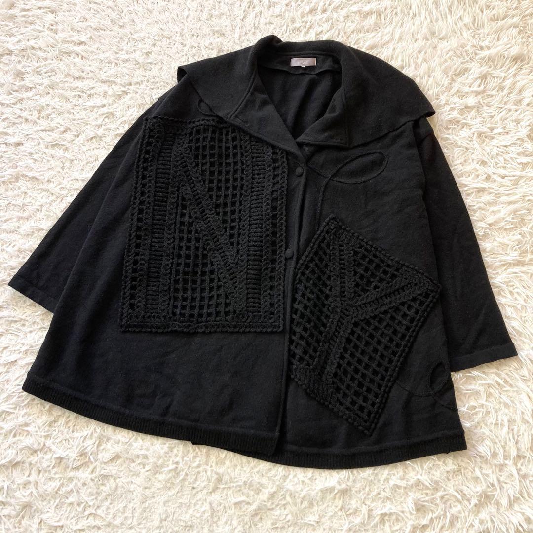 美品 トクコプルミエヴォル ニット チュニック 9 M 鍵編み フラワー刺繍 黒