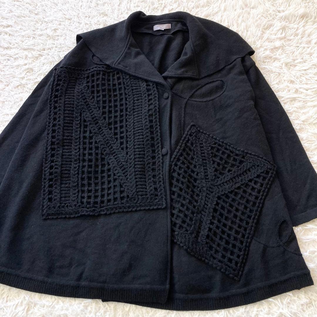 美品 トクコプルミエヴォル ニット チュニック 9 M 鍵編み フラワー刺繍 黒