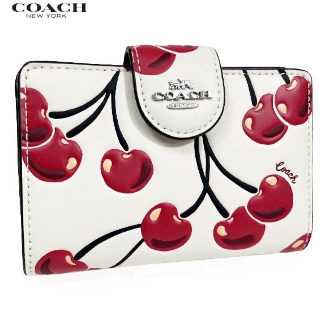 COACHコーチチェリープリントレザーミディアム二つ折り財布