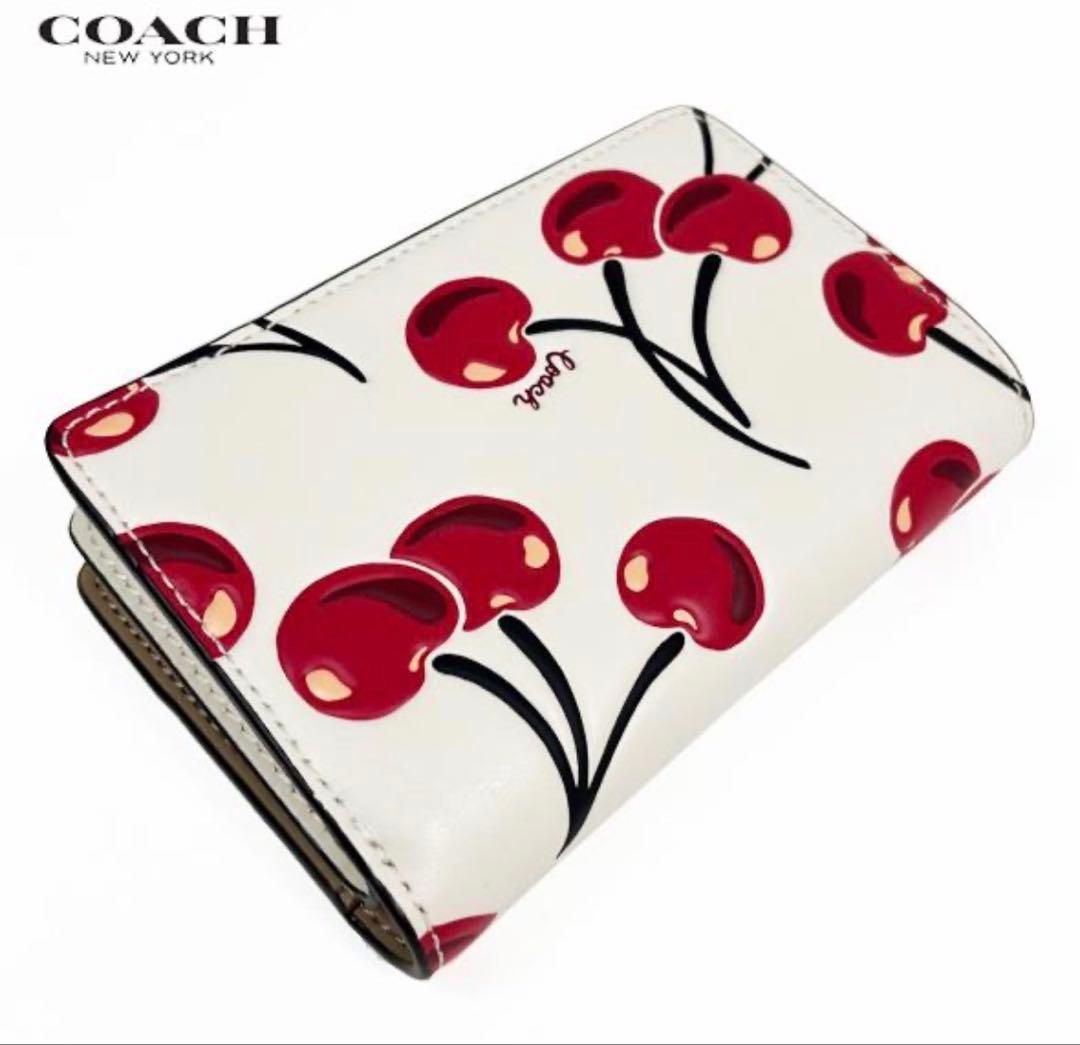 COACHコーチチェリープリントレザーミディアム二つ折り財布