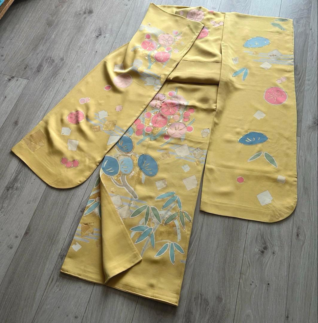 【パールトーン加工済】山吹色 振袖 松竹梅・流水・花丸文様