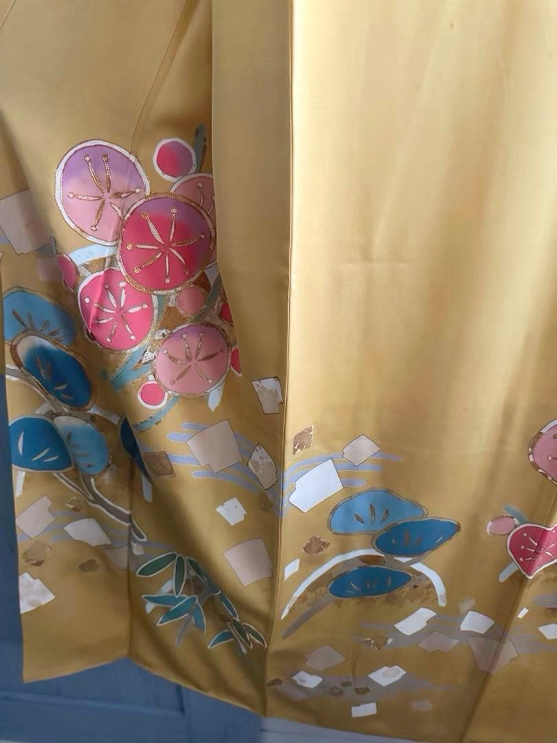 【パールトーン加工済】山吹色 振袖 松竹梅・流水・花丸文様