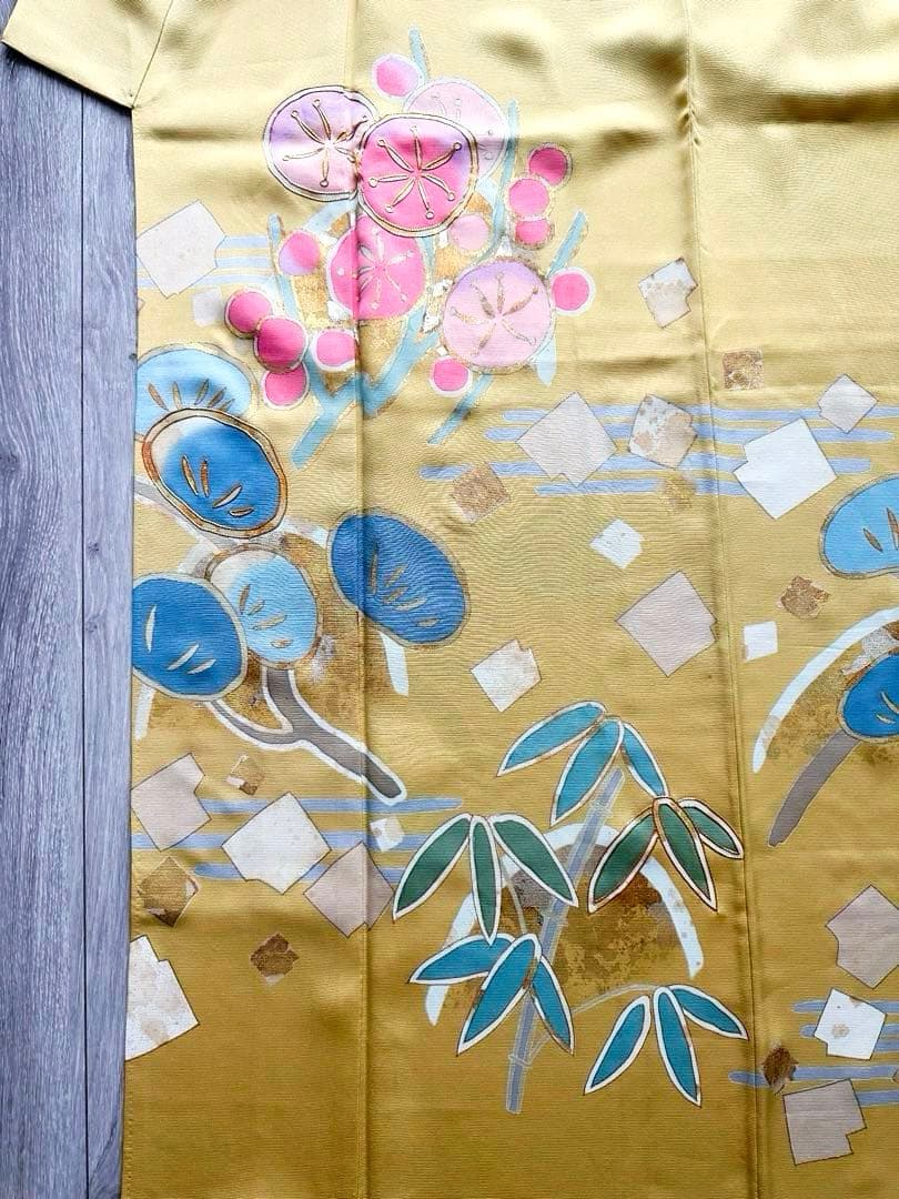 【パールトーン加工済】山吹色 振袖 松竹梅・流水・花丸文様