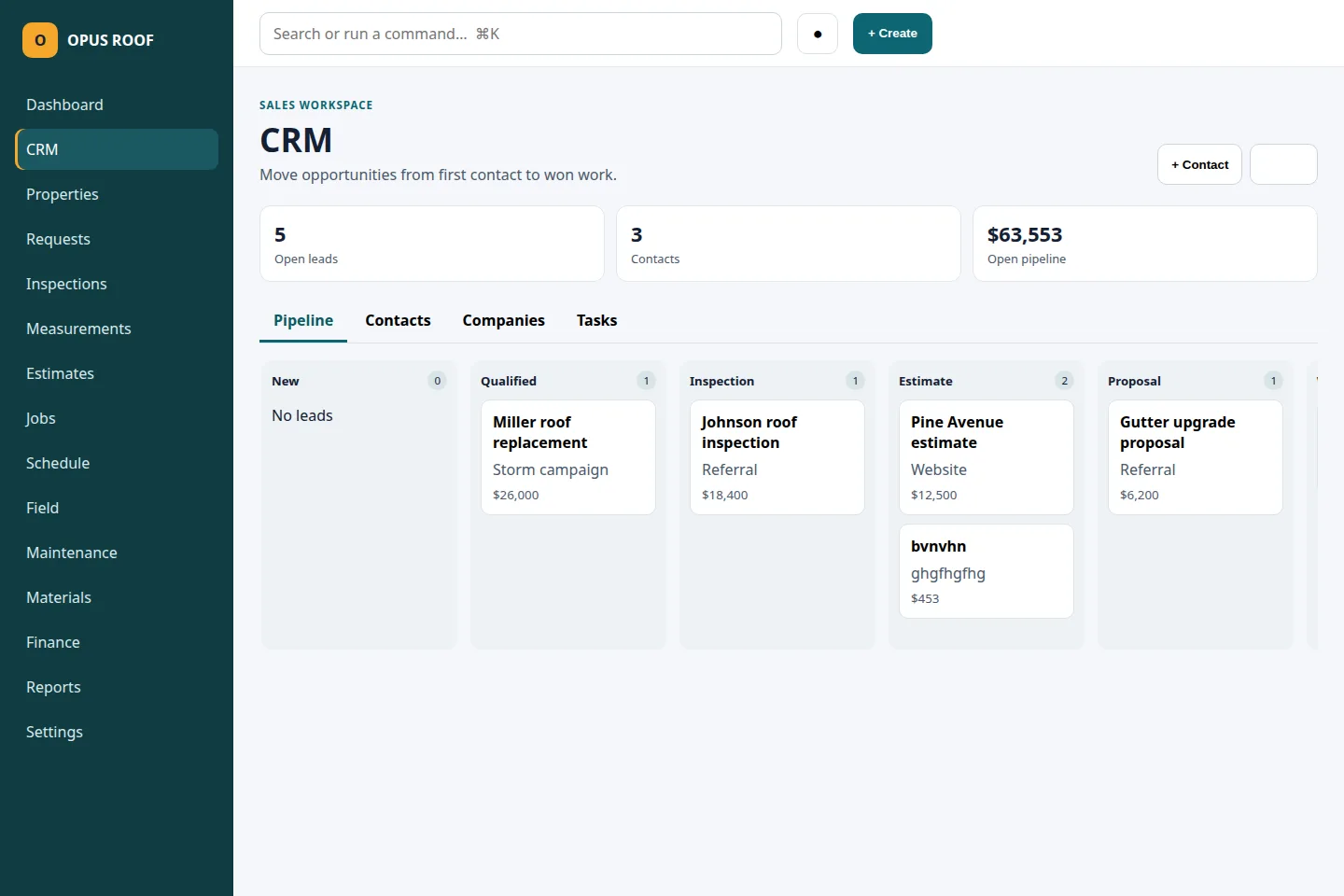 Roofing CRM pipeline and customer records inside Opus Roof