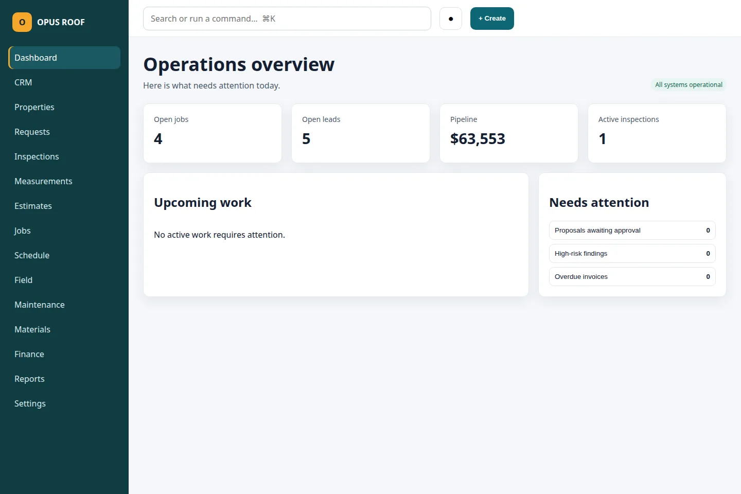 Opus Roof dashboard showing roofing jobs, inspections, sales pipeline and operational alerts